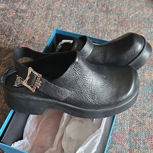 John Fluevog Pebbled Black Leather Mules